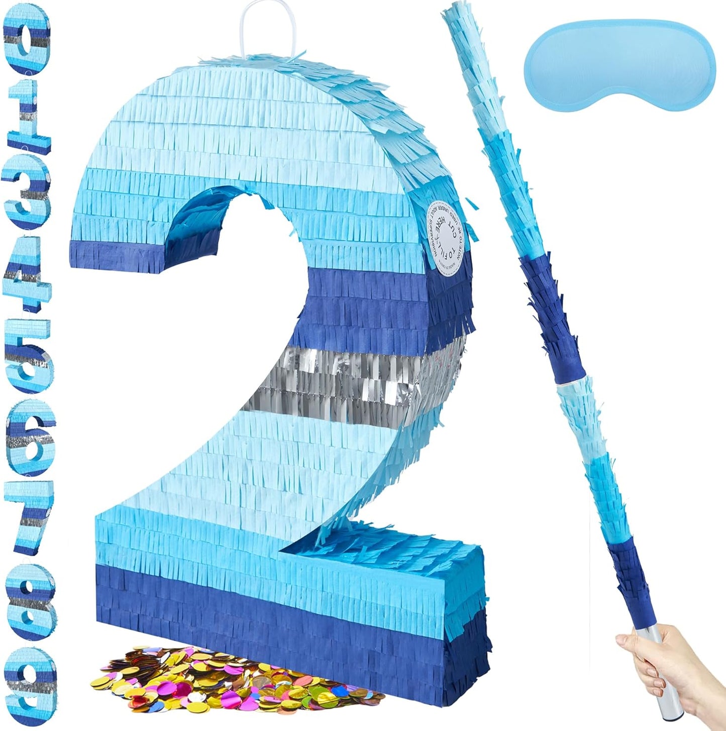 PCFING 20 Inch Number 3 Piñata Blue Silver with 30 Inch Piñata Stick Blindfold Confetti for Boys Girls Adults Birthday Party Decorations, Anniversary Celebration, Fiesta