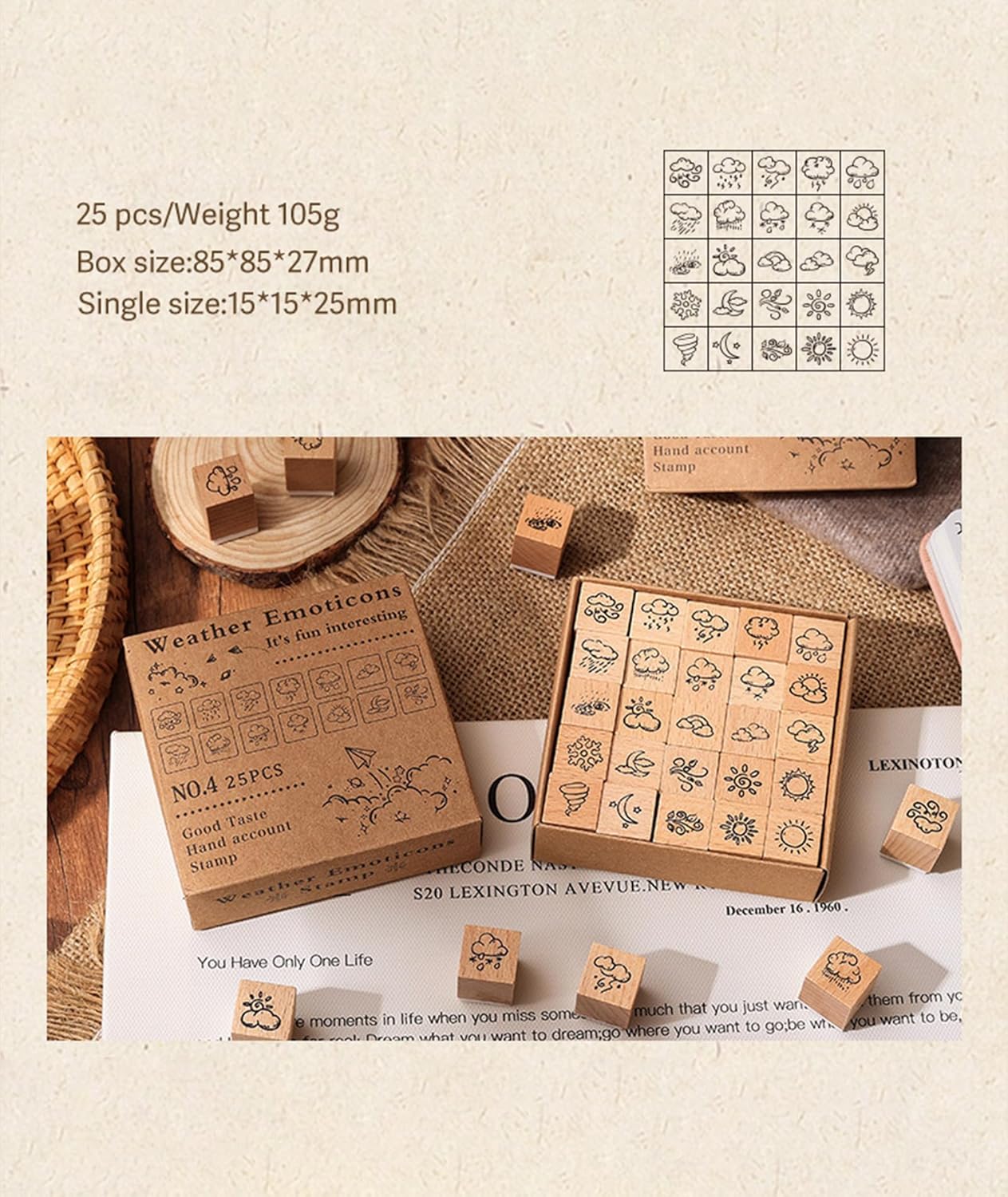 25pcs Mood Expression Wooden Rubber Stamps Kit, Cute Small Emoticon Theme Stamps for Decorative Diary Planner DIY Craft Scrapbook Card Making Letters Journal