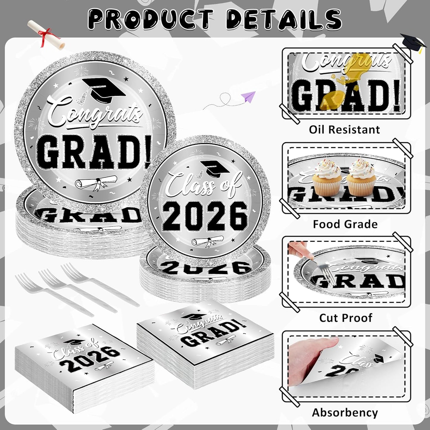 200Pcs Graduation Decorations 2026, Blue Graduation Plates and Napkins Party Supplies for 50 Guests, Disposable Grad Plates, Napkins, Dessert Plates and Forks for Grad Decor Wedding Birthday Supplies
