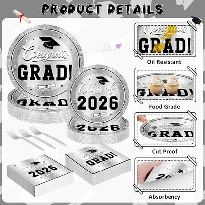 200Pcs Graduation Decorations 2026, Blue Graduation Plates and Napkins Party Supplies for 50 Guests, Disposable Grad Plates, Napkins, Dessert Plates and Forks for Grad Decor Wedding Birthday Supplies