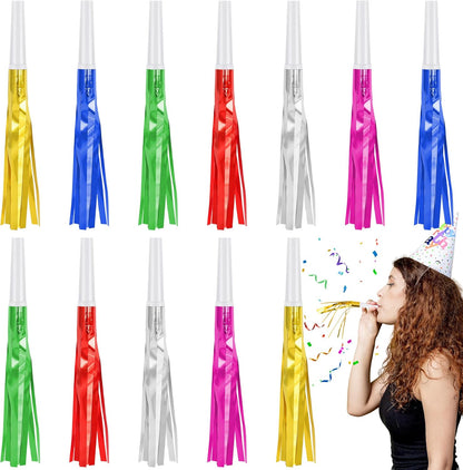 12 Pcs Noise Makers Glitter Metallic Fringed Party Blowers for Birthday New Years Graduation Sporting Events Party Favor Supplies (Mixed Colors)