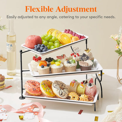 Lifewit 3 Tier Serving Tray, 30 x 17 cm/12 x 6.5" White Plastic Tiered Food Serving Platters, Tiered Tray Stand for Party with Black Collapsible Metal Stand, Dessert Display Stand for Cookies/Crackers