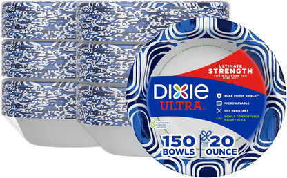 Dixie Ultra, Large Paper Bowls, 20 Oz, 150 Count (6 packs of 25 bowls), Microwave Safe, Compostable, Disposable Bowls Great For Breakfast, Lunch, And Dinner Meals