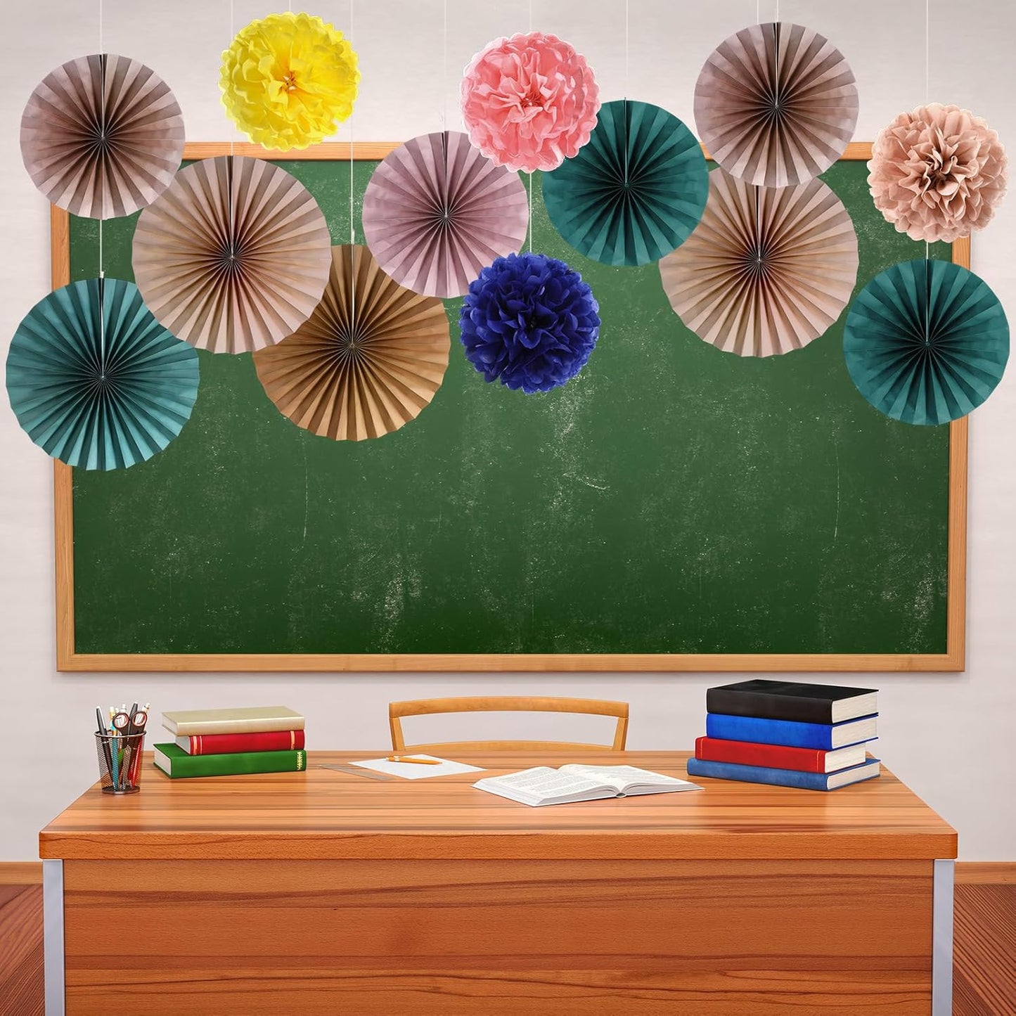 Kosiz 18 Pcs Pastel Rainbow Party Decorations Pastel Paper Fans 3D Floral Tissue Pom Poms Pink Hanging Paper Flowers Garland Classroom Home Wall Decor Birthday Baby Shower Bridal Wedding Supplies
