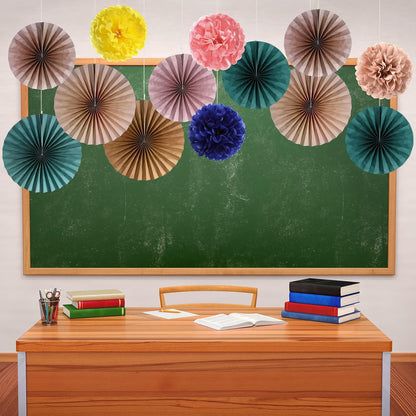 Kosiz 18 Pcs Pastel Rainbow Party Decorations Pastel Paper Fans 3D Floral Tissue Pom Poms Pink Hanging Paper Flowers Garland Classroom Home Wall Decor Birthday Baby Shower Bridal Wedding Supplies