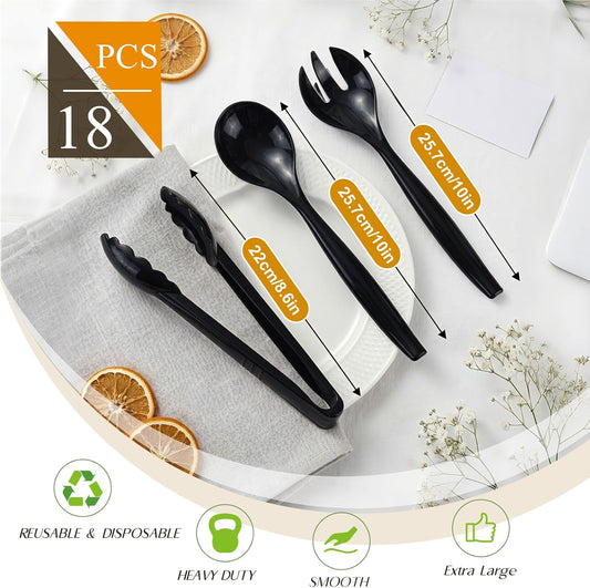 Mwellewm 18Pcs Serving Utensils, 10'' Plastic Serving Utensils Set, Disposable Serving Spoons for Buffet, Large Serving Tongs for Food, Heavy Duty Party Supplies for Salad Soup Cooking Catering(Black)