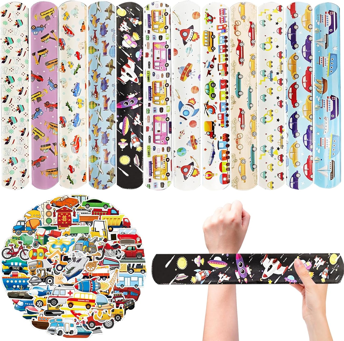 74pcs Transportation Party Favors Set ,24 Slap Bracelets and 50 Sheets Vehicle Stickers, Construction Truck Airplane Car Train Rocket Theme, Party Supplies Goodie Bag Fillers, Bulk Value Gift Pack
