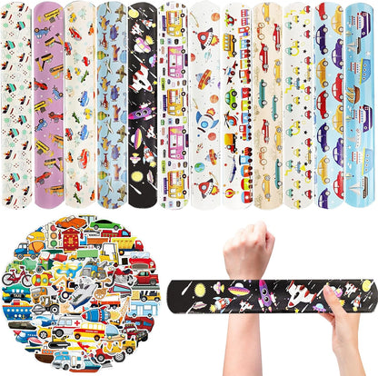 74pcs Transportation Party Favors Set ,24 Slap Bracelets and 50 Sheets Vehicle Stickers, Construction Truck Airplane Car Train Rocket Theme, Party Supplies Goodie Bag Fillers, Bulk Value Gift Pack