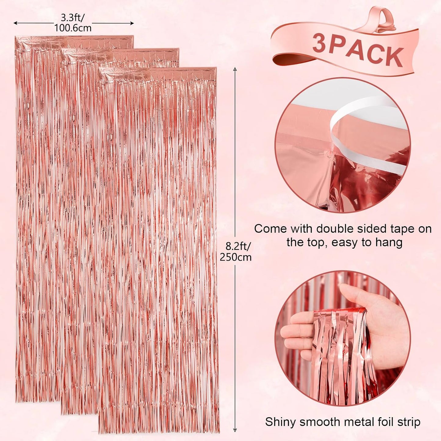 Voircoloria 3 Pack 3.3x8.2 Feet Gold Foil Fringe Backdrop Curtains, Tinsel Streamers, Fringe Backdrop for 2025 New Years Eve, Graduation, Birthday, Baby Shower, Gender Reveal, Disco Party - Colors B