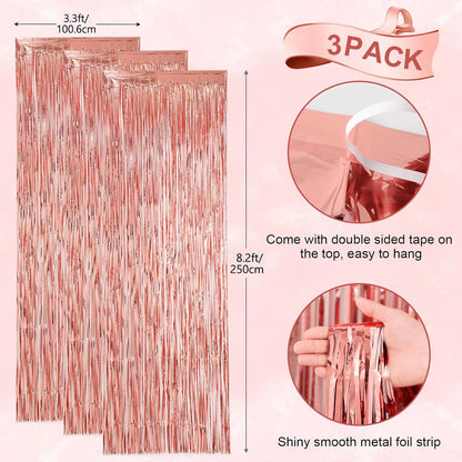 Voircoloria 3 Pack 3.3x8.2 Feet Gold Foil Fringe Backdrop Curtains, Tinsel Streamers, Fringe Backdrop for 2025 New Years Eve, Graduation, Birthday, Baby Shower, Gender Reveal, Disco Party - Colors B