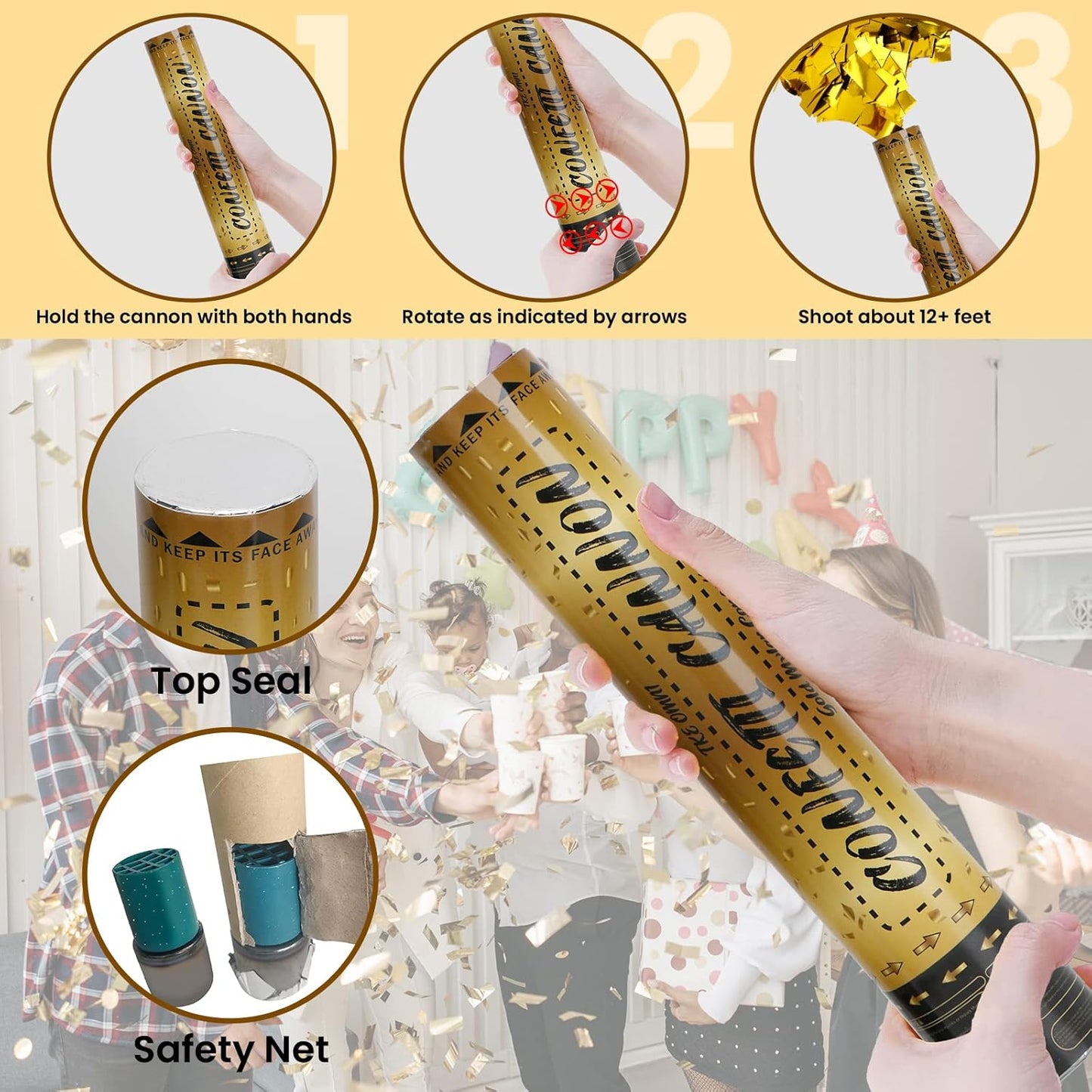12 Inch Confetti Cannons (6 Pack) – Silver Mylar Confetti Poppers - Air Powered Party Poppers Confetti Shooters for Birthday, Wedding, Graduation, Christmas, New Year Celebrations