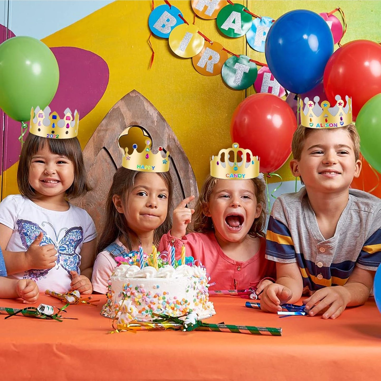 ZYNERY 47 PCS Golden Birthday Crowns with DIY Stickers Kit Paper Crown Party Hats for Kids Classroom School,Prince Princess Birth Decor Gift