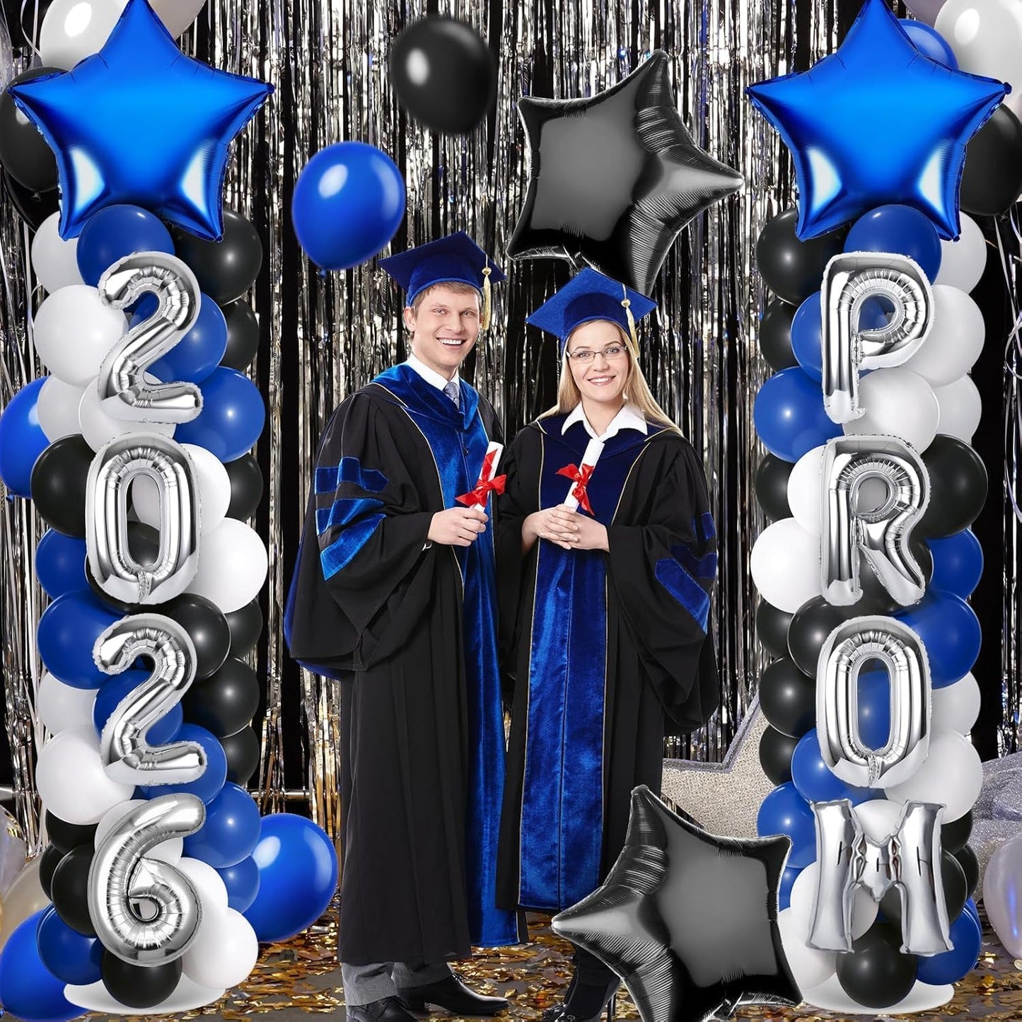 2 Sets Graduation Balloon Column Stand Kits with Balloons 2026 Grad Themed Decoration Navy Blue Balloon Tower Stand Kit for Grad High School & College Celebration Party Decor