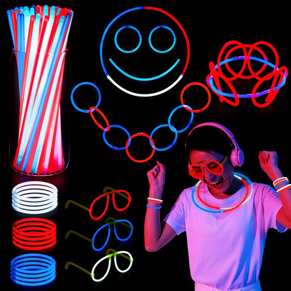 JOYIN 99 PCS 4th of July Patriotic Glow Sticks Glasses Bracelets, Kids Glow in the Dark Party Supplies, Red White and Blue Light Up Sticks LED Necklace Patriotic Accessories for Independence Day
