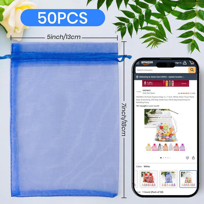 ANZNKU 50 Pack Organza Bags 5 x 7 in White Small Mesh Gift Bags Bulk Drawstring for Wedding Party Favors, Little Goodie Bag for Candy Jewelry Soap Makeup, Treat Sachet Pouch for Mothers Gifts Wrap