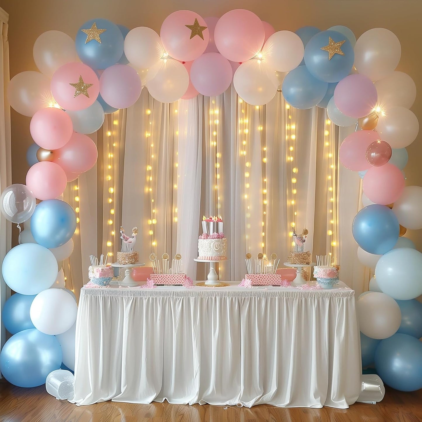 Fomcet Tulle Backdrop Curtains with Lights String White 10FT X 8FT Sheer Curtain with Lights Tulle Curtains Backdrop for Wedding Birthday Party Baby Shower Photo Shoot (2 Panels 5x8FT)