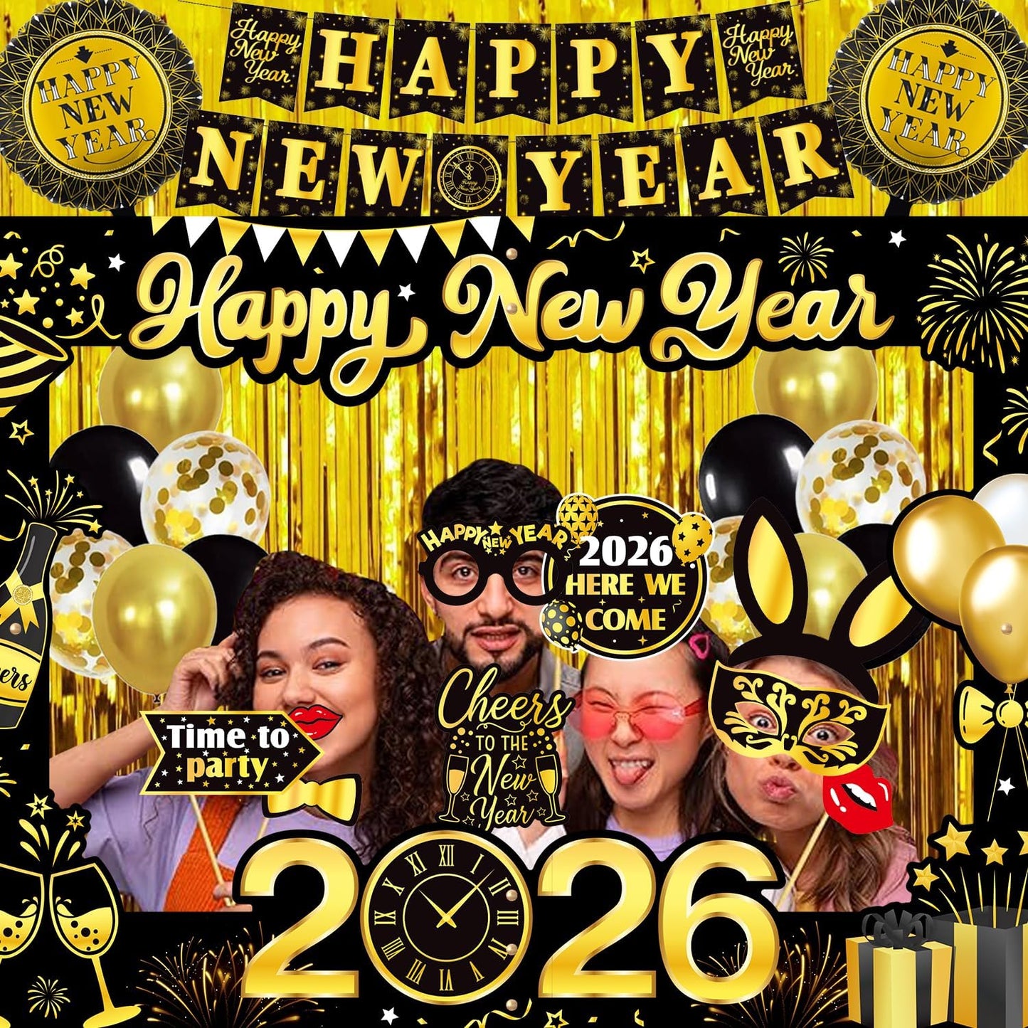 New Years Eve Party Supplies 2026, New Years Photo Booth Props 2026 Huge Selfie Picture Frame New Year Hats Party Squawkers Party Blower Happy New Year's Decorations Latex Balloons