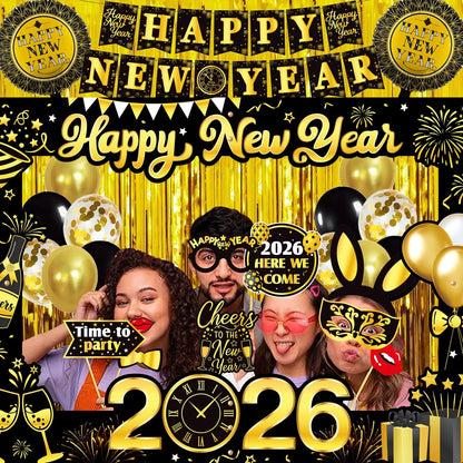 New Years Eve Party Supplies 2026, New Years Photo Booth Props 2026 Huge Selfie Picture Frame New Year Hats Party Squawkers Party Blower Happy New Year's Decorations Latex Balloons