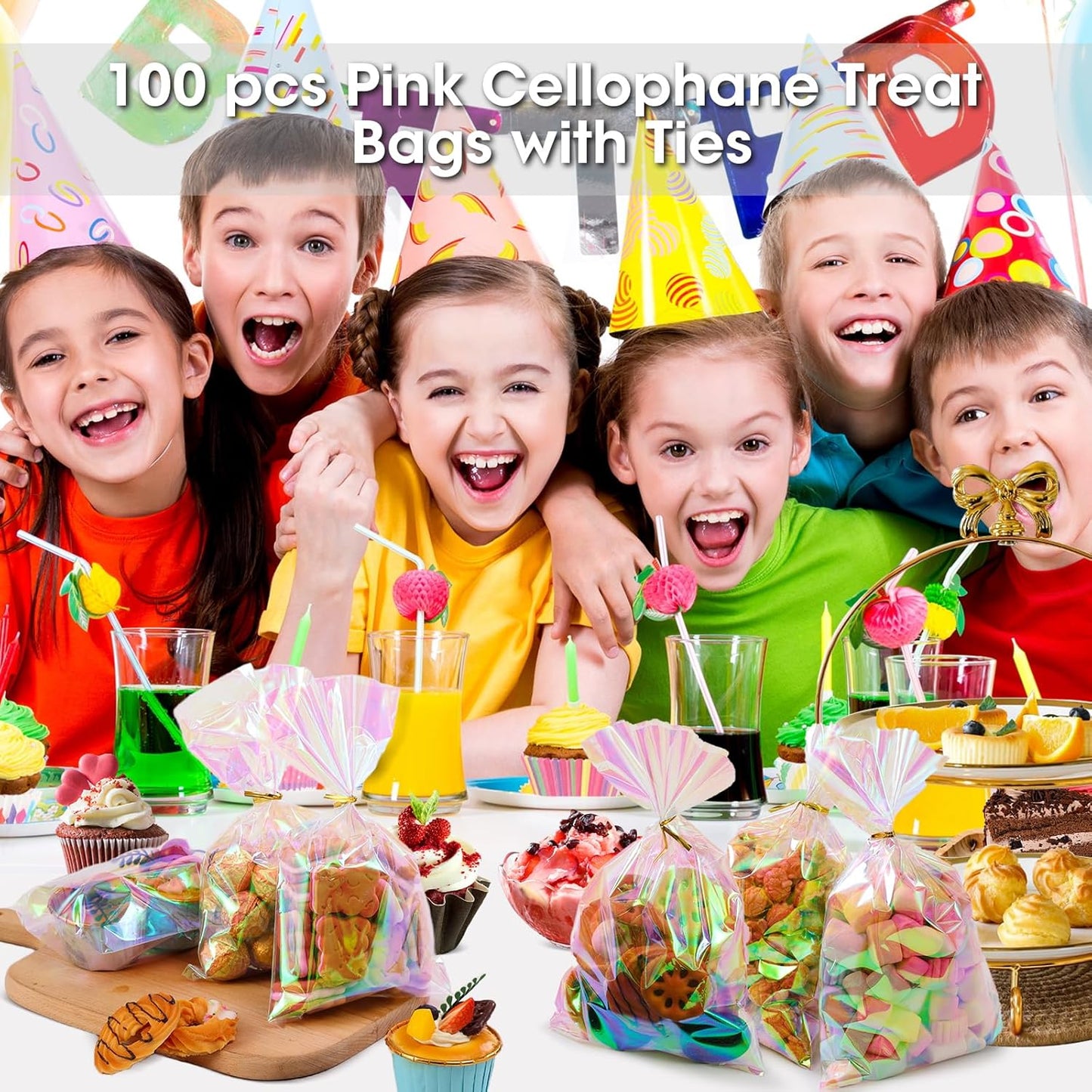 SUREHOME Cellophane Bags, 100 Pack Clear Gift Bag Cellophane Treat Bags with Ties 6x10 Inch Plastic Small Cello Candy Bag for Birthday Party Favors Goodie valentines Cookies Bakery Snack Popcorn Wraps