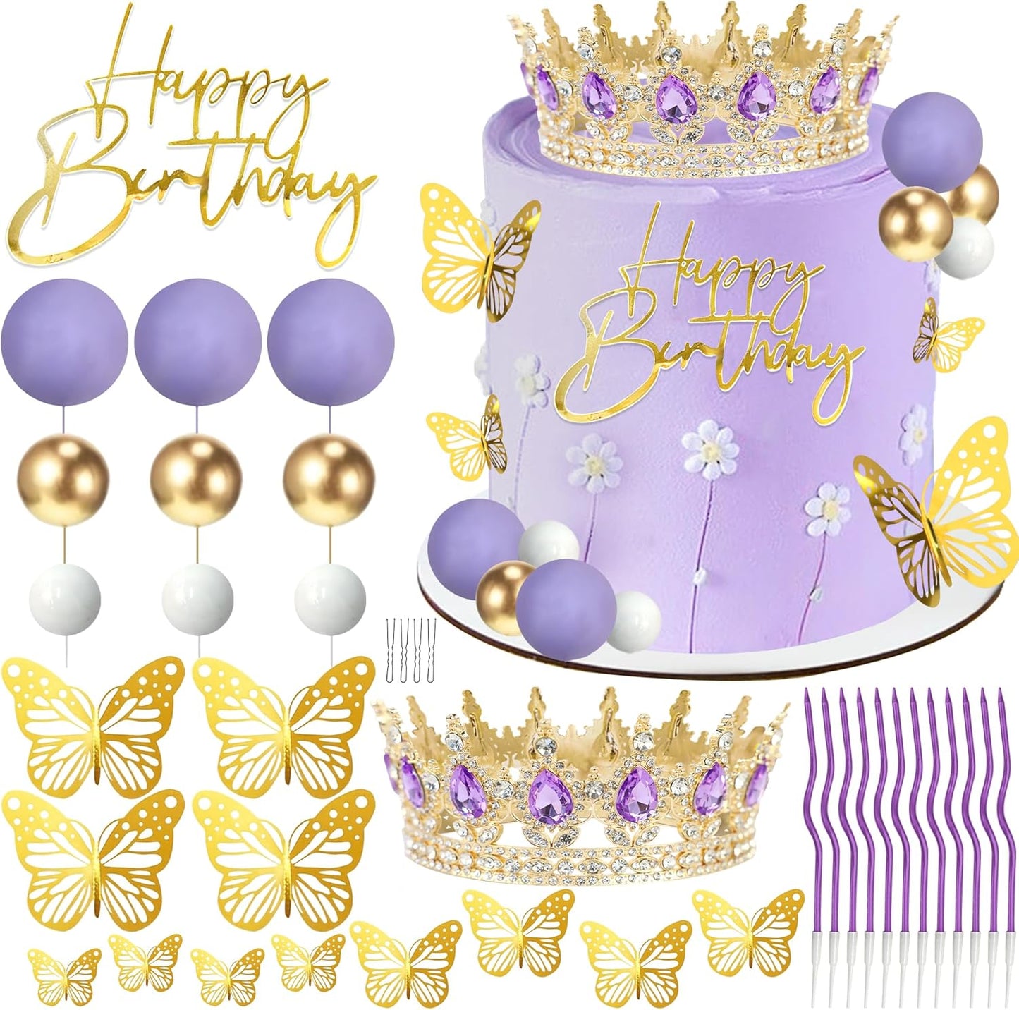 Crown Cake Topper, Balls Happy Birthday Cake Topper Pink Crown Birthday Candles Gold Butterflies, Corona Para Pastel, Cake Decorations for Birthday Wedding (Gold, Pink)