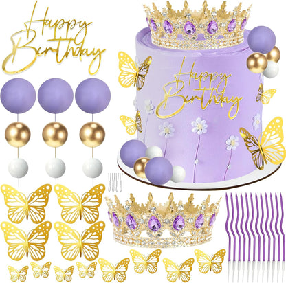 Crown Cake Topper, Balls Happy Birthday Cake Topper Pink Crown Birthday Candles Gold Butterflies, Corona Para Pastel, Cake Decorations for Birthday Wedding (Gold, Pink)