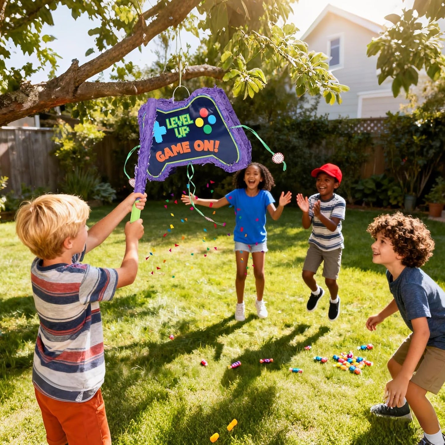 Video Game Piñata, Party Supplies Piñata with Blindfold and Bat Gaming Theme Piñatas for Kids Birthday Party Decorations (Blue)
