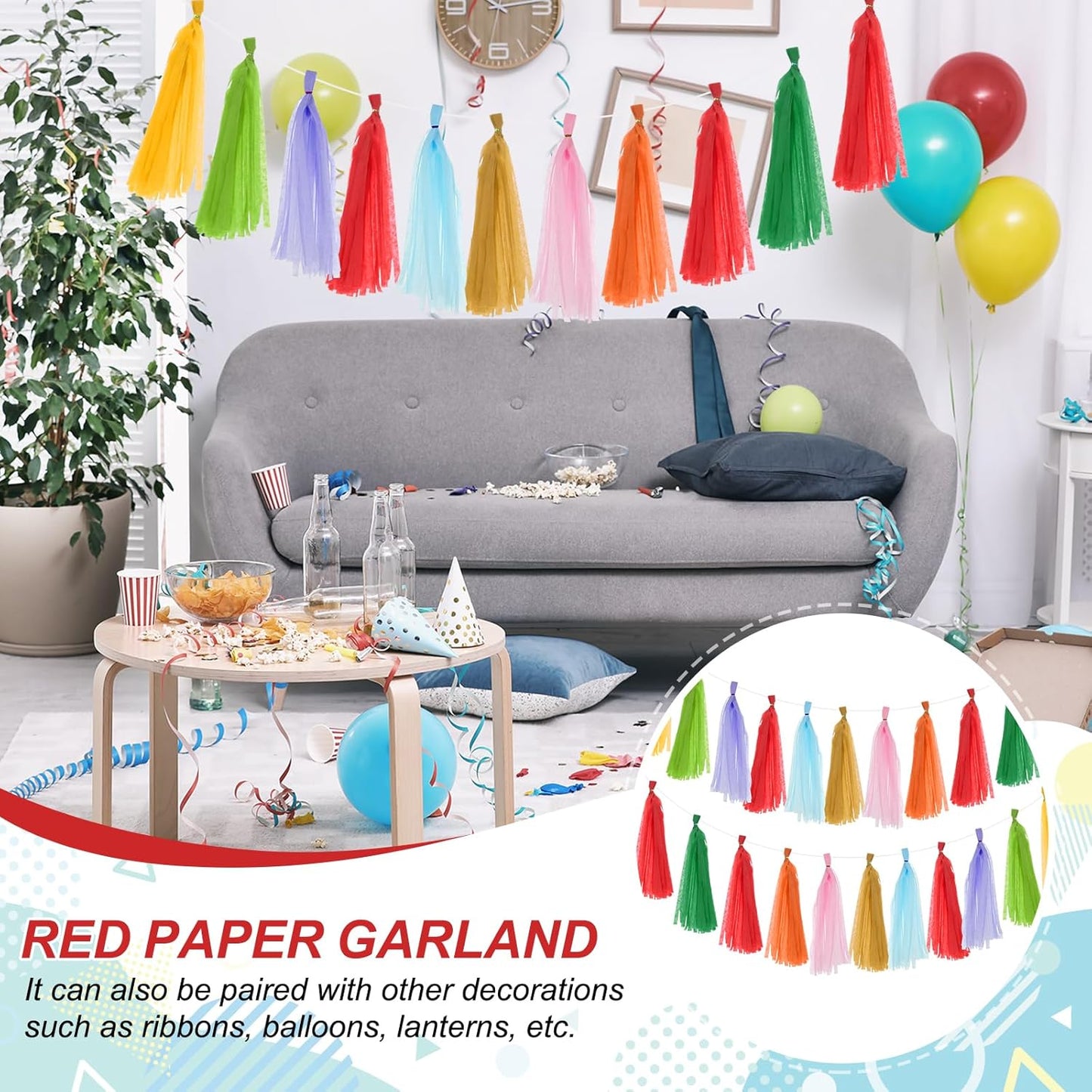MECCANIXITY 20Pcs Tassel Garland Banner Tissue Paper for Streamers Party Decorations, Valentine's Day Birthday Decor for Women with Rope and Tie Wire (Pink, 14.6Inch)