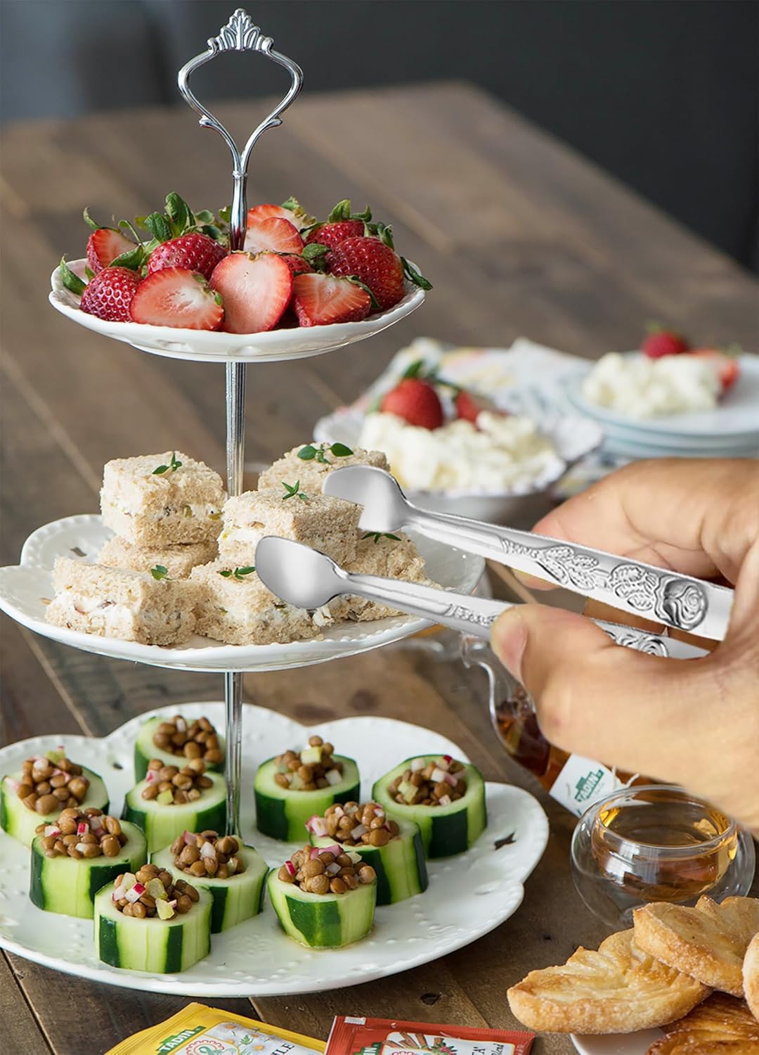 HINMAY 6PCS Mini Serving Tongs 5-Inch Small Sugar Tongs, Tiny Stainless Steel Kitchen Tong for Appetizers, Tea Party, Coffee Bar, Desserts (Silver)