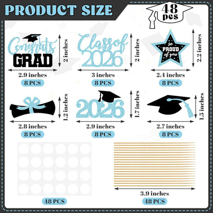 48 PCS Graduation Cupcake Toppers, Glittery 6 Styles Congrats Grad Cake Topper, Black and Red Graduation Decorations 2026, Cap and Diploma Cake Picks for Grad Party Supplies