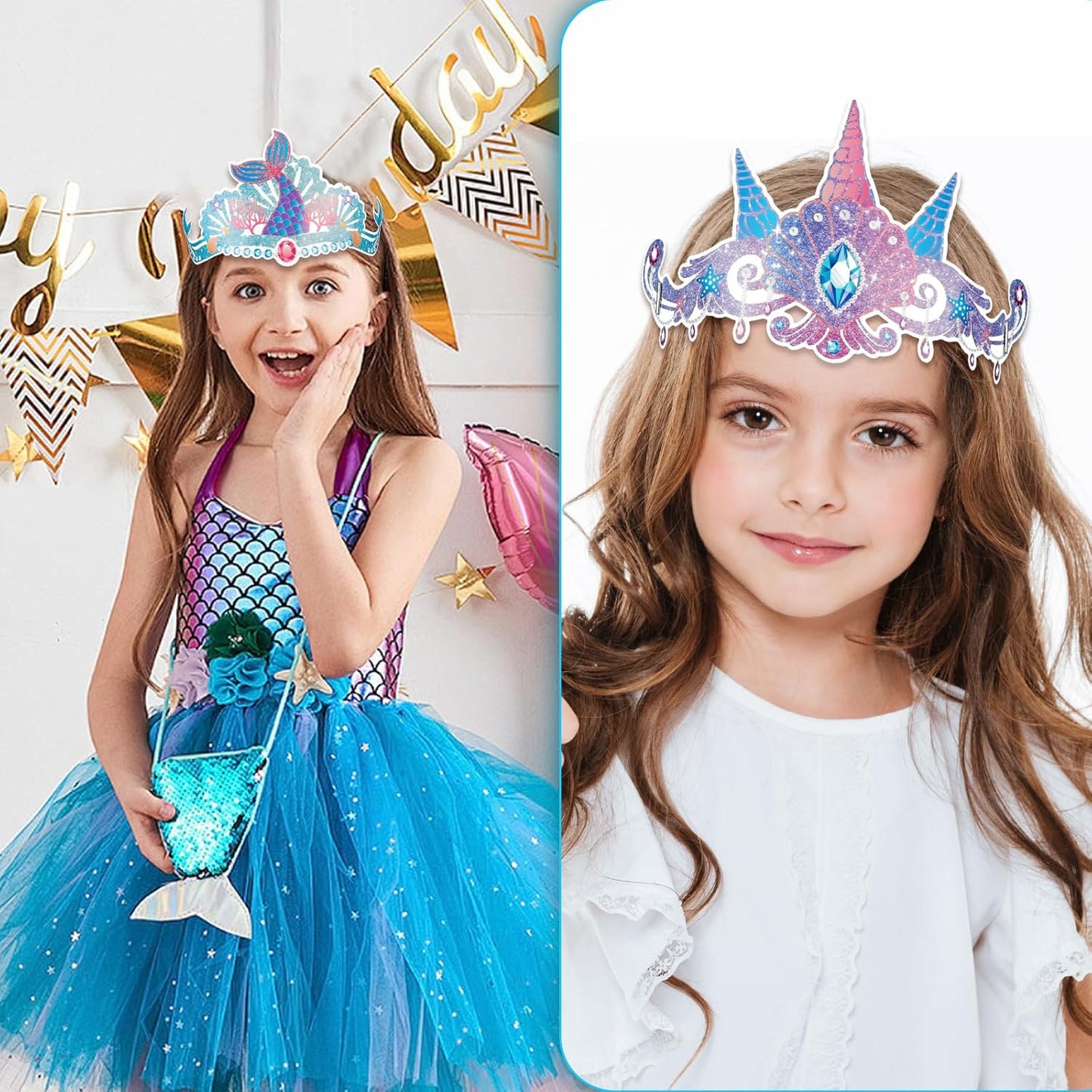 Konsait 12 Count Mermaid Party Hats, Paper Mermaid Headband Mermaid Crown for Girls, Mermaid Party Favors Under the Sea Party Supplies