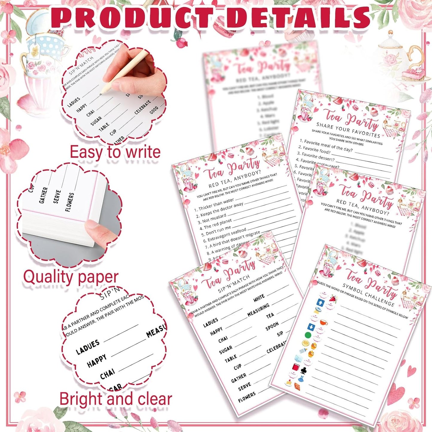 Fullhawl 202 Pcs Tea Party Games 40 Players Floral Tea Party Cards Garden Tea Party Games for School Party, Birthday, Bridal Shower, Garden Tea Party, Family Activities Party, Group Activity