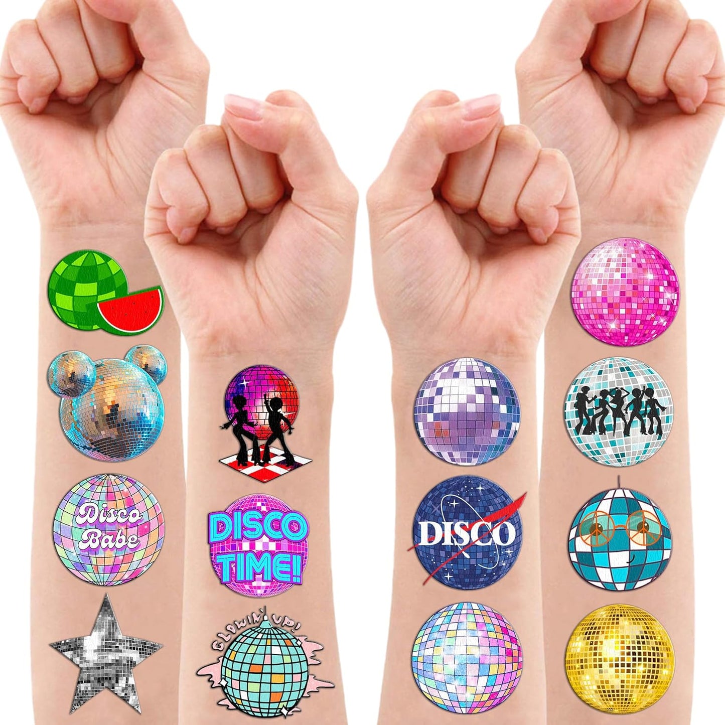 96PCS Disco Ball Temporary Tattoos Pre-Cut 70s Themed Birthday Party Favors Decorations Supplies Decor Cute 1970s Dance Dancing Tattoo Stickers Gifts For Kids Girls Boys Prizes Carnival