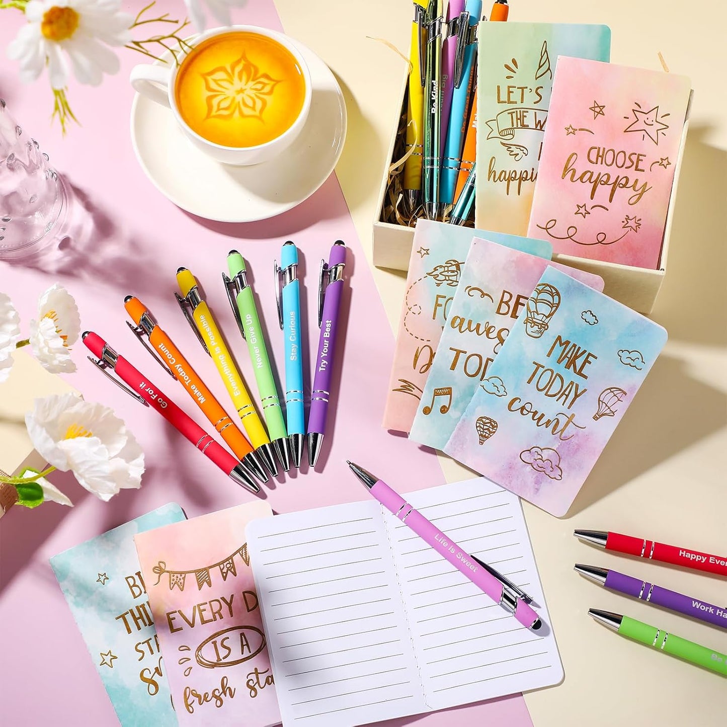 Funrous 32 Pcs Motivational Quote Pens Inspirational Notepads Mini Journal with Ballpoint Pen Small Notebooks Gift for Men Women Coworker Adult Party Favors Prize Teacher Student Office(Stylish)
