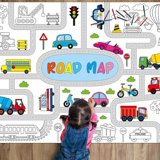 Transportation Coloring Poster for Kids Giant Large Road Coloring Poster Tablecloth Jumbo Coloring Book Crafts Traffic Jam Cars Trucks Birthday Posters for Toddlers Educational Party Decoration Favor