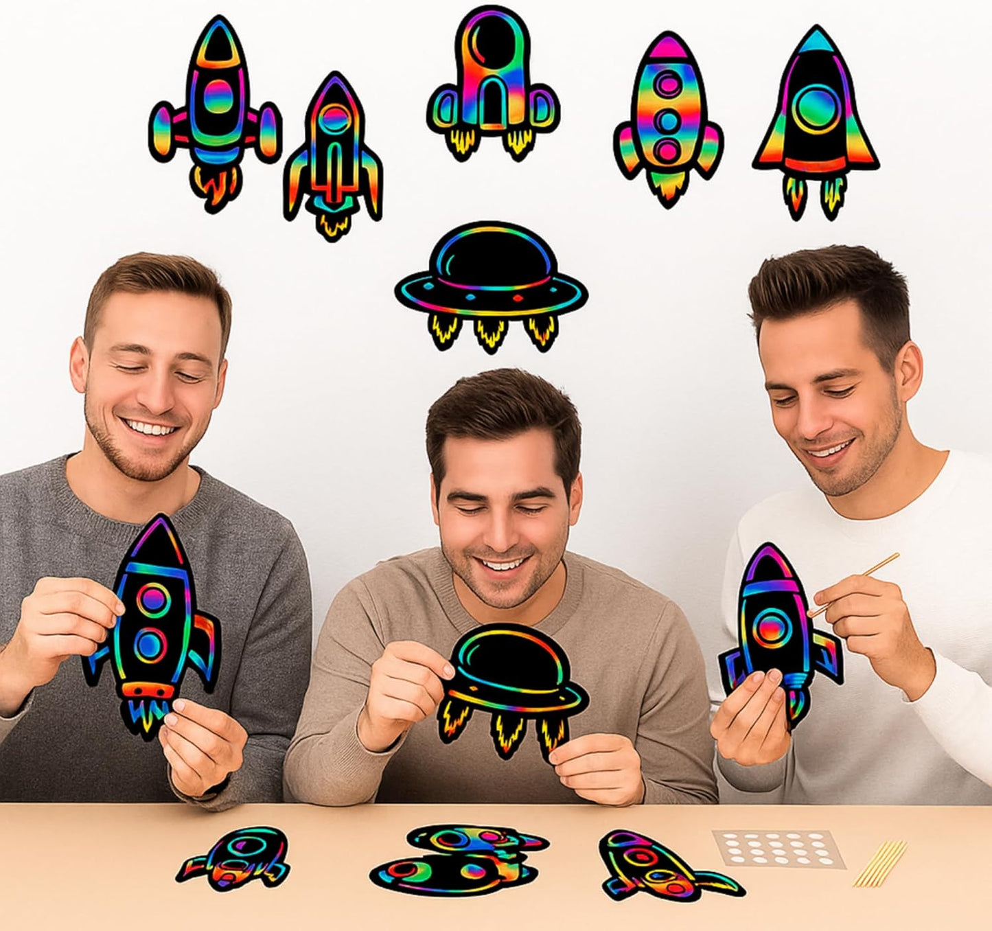 Engrowtic 72 Pieces Rocket Scratch Cards Outer Space Theme Party Scratch Crafts Rainbow Rocket Paper Card Art Favors for DIY Crafts Home Decoration Project