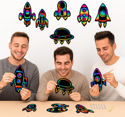 Engrowtic 72 Pieces Rocket Scratch Cards Outer Space Theme Party Scratch Crafts Rainbow Rocket Paper Card Art Favors for DIY Crafts Home Decoration Project