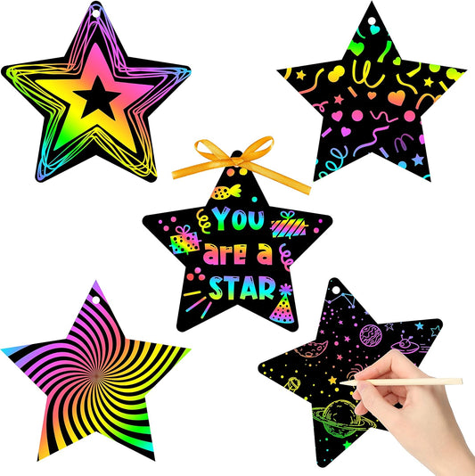 WATINC 60pcs Star Scratch Cards for Magic Color Craft Kit DIY Paper Art Scratch Star Ornament for Kids School Classroom Party Favor Supplies Decorations