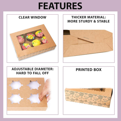 20-Pack Brown Cupcake Boxes with Insert Trays, Tags and Twine | Food Grade Kraft Bakery Boxes with Window to Fit 6 Cupcakes