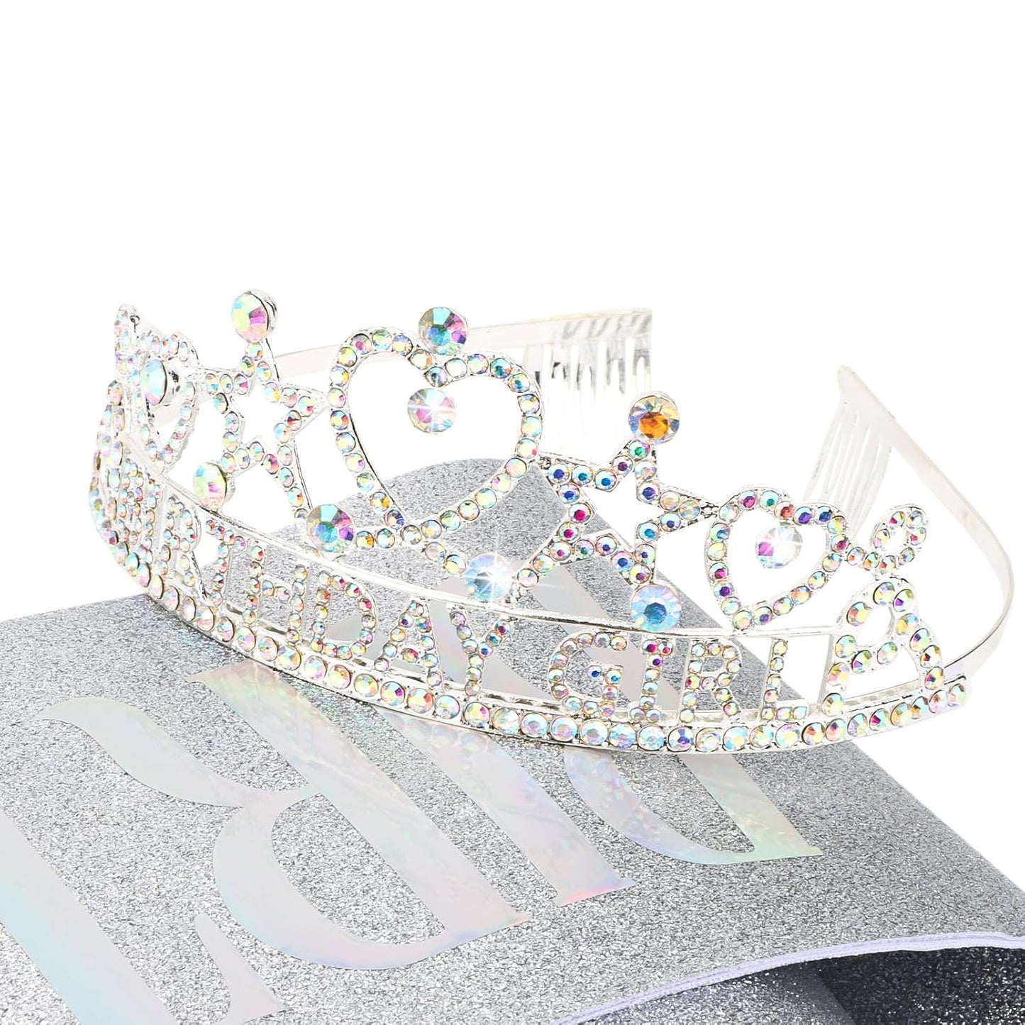 CIEHER Birthday Girl Crown and Sash Set for Birthday Decorations Gifts for Women Girls - Silver AB Rhinestones