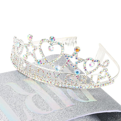 CIEHER Birthday Girl Crown and Sash Set for Birthday Decorations Gifts for Women Girls - Silver AB Rhinestones