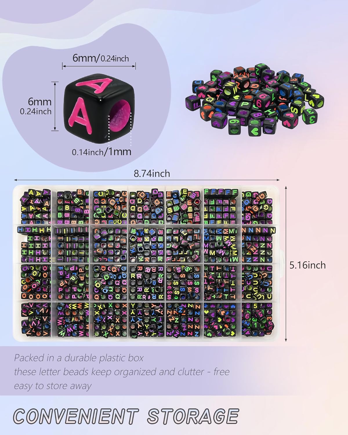 Amaney 1400pcs Glow Letter Beads, Heart Beads Whit Elastic Beading Cord,4x7mm Round Acrylic Alphabet Beads for Friend Bracelet Jewelry Making