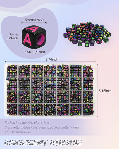 Amaney 1400pcs Glow Letter Beads, Heart Beads Whit Elastic Beading Cord,4x7mm Round Acrylic Alphabet Beads for Friend Bracelet Jewelry Making