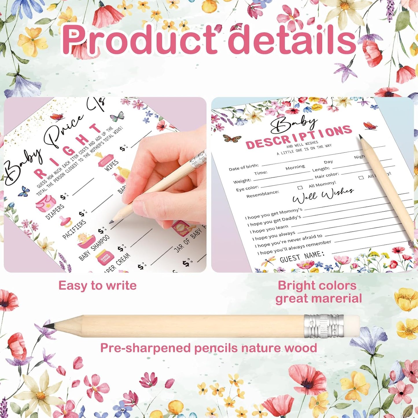 Yinder 145 Pcs Baby Shower Games Activities Cards with 20 Pencils Includes Baby Bingo Description and Wishes Guess Who Price is Right Word Scramble Game(Here Comes the Son)