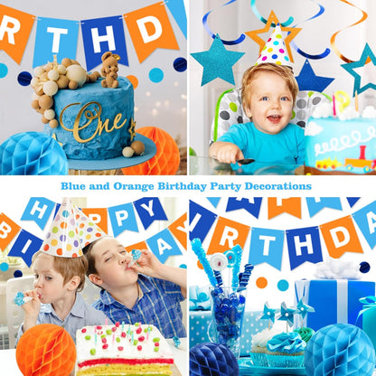 meowtastic Birthday Decorations, Happy Birthday Banner with Honeycomb Balls, Stars Hanging Swirl Streamers, Circle Dots Garland, Happy Birthday Party Decorations for Women Men Boys Girls (Blue)