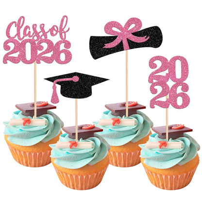 36 PCS 2026 Graduation Theme Cupcake Toppers Glitter Class of 2026 Grad Cap Diploma Cupcake Picks 2026 Graduation Theme Party Cake Decorations Supplies Deep Blue