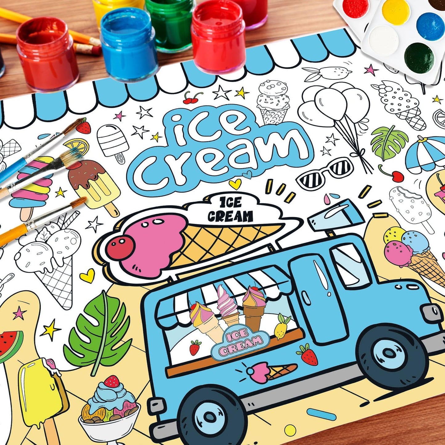 43.3x31.5 Summer Coloring Poster with Picture, Giant Cute Painting Poster, Large Coloring Tablecloth for Classroom Home Birthday Party Supplies Favor
