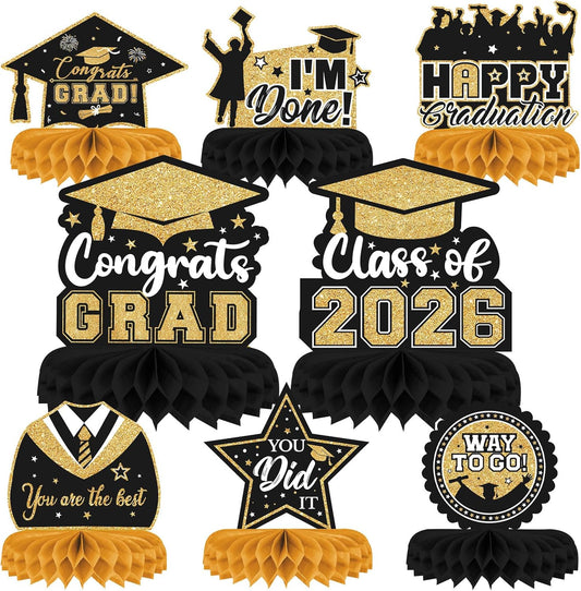 8 Pieces Class of 2026 Graduation Table Decorations - 2026 Congrats Grad Honeycomb Centerpieces, Red Black Graduation Table Toppers Decor for 2026 Graduation Party Decorations Favor Supplies