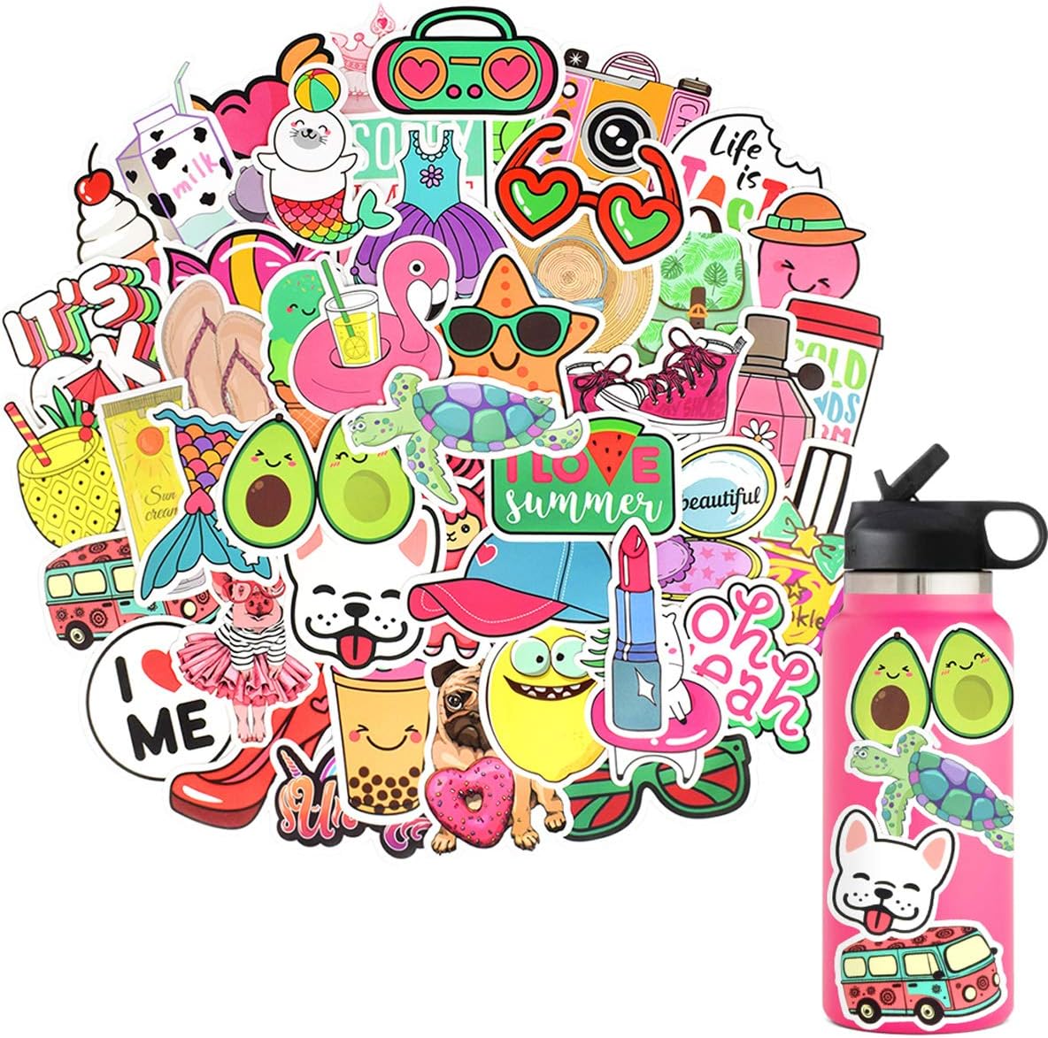 QTL Neon Stickers for Teens & Students Prizes, Waterproof Vinyl Party Favor Stickers, School Rewards, Water Bottle and Laptop, 50PCS - Colors A
