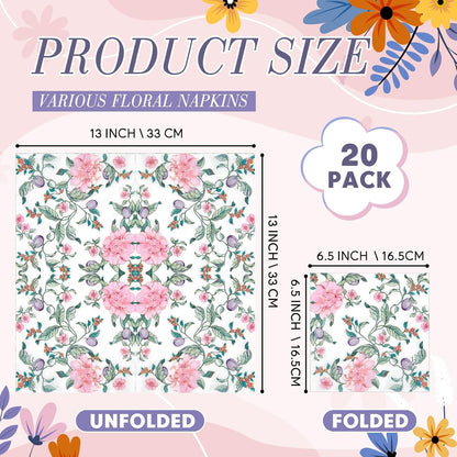 Crtiin 20 Pack Decoupage Napkins Floral Napkins Flower Cocktail Paper Decorative Toilet for Valentine's Day Birthday Party Beautiful Gorgeous, 20 Styles Each 6.5 Inches(Style 1)