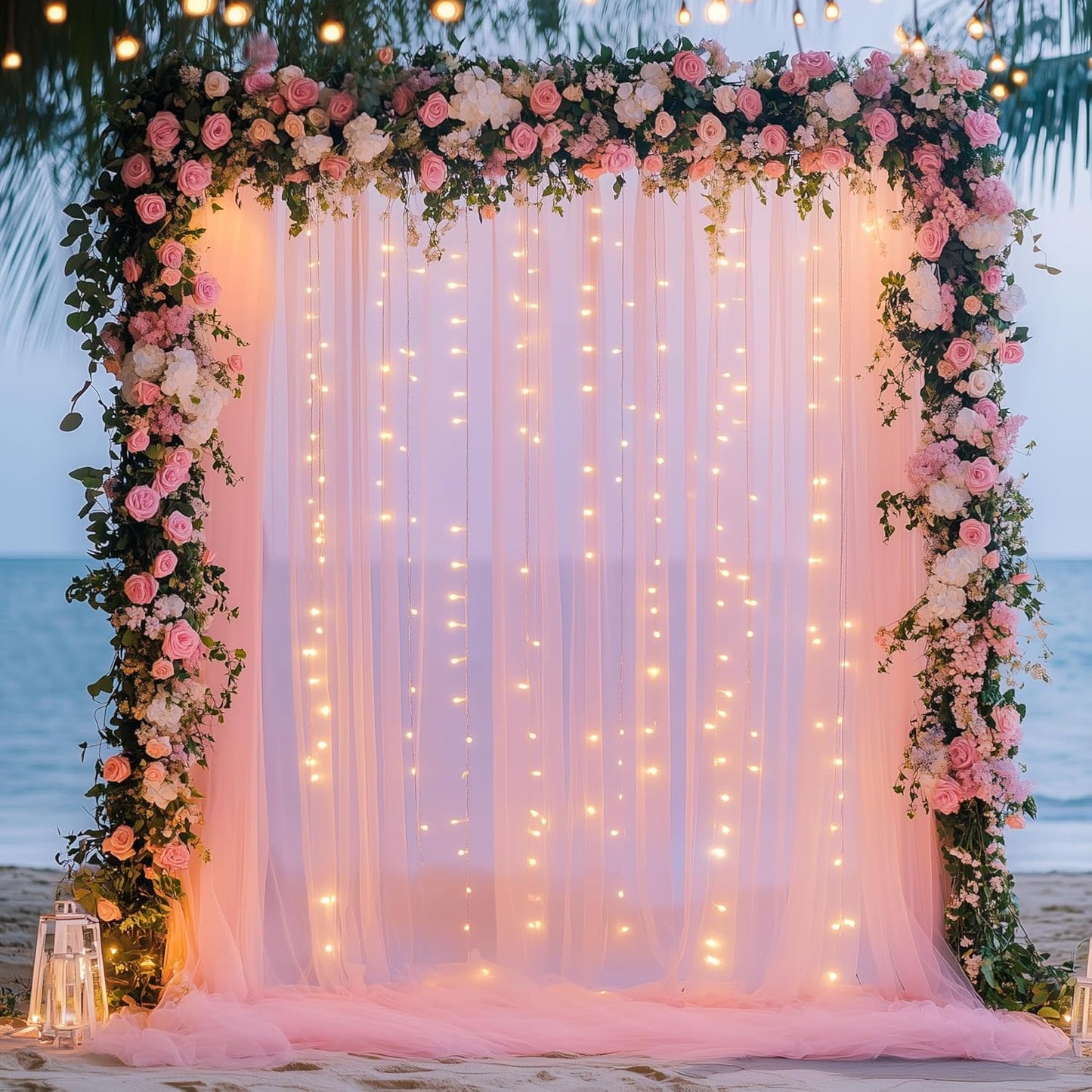 Fomcet Tulle Backdrop Curtains with Lights String White 10FT X 8FT Sheer Curtain with Lights Tulle Curtains Backdrop for Wedding Birthday Party Baby Shower Photo Shoot (2 Panels 5x8FT)